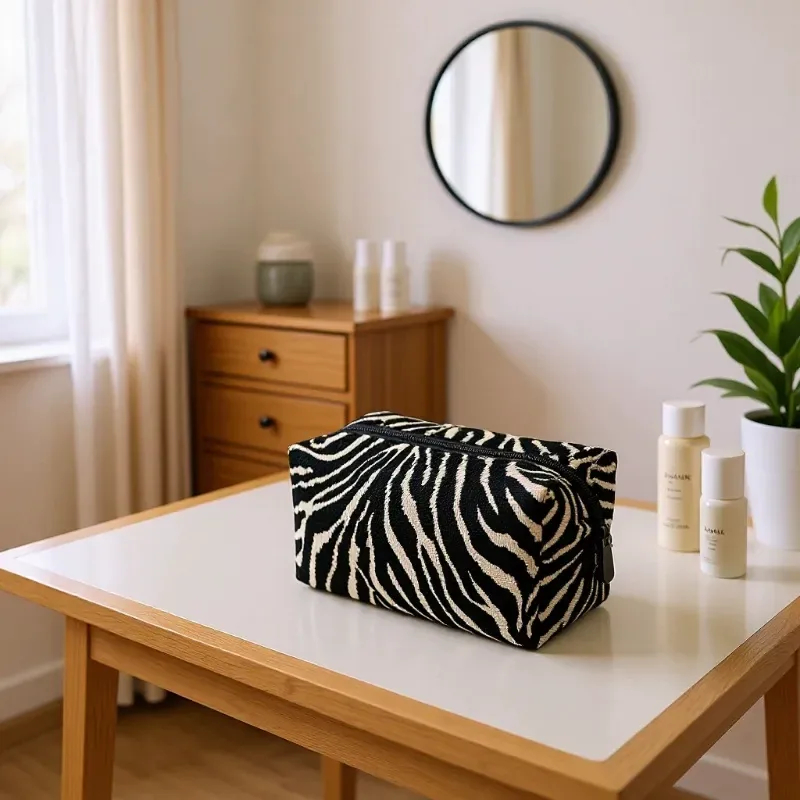 Chenille cosmetic bag in zebra print with leopard print option