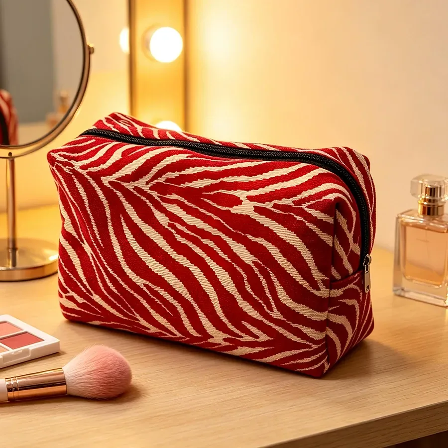 Chenille zebra-print cosmetic bag with soft woven texture on a light surface