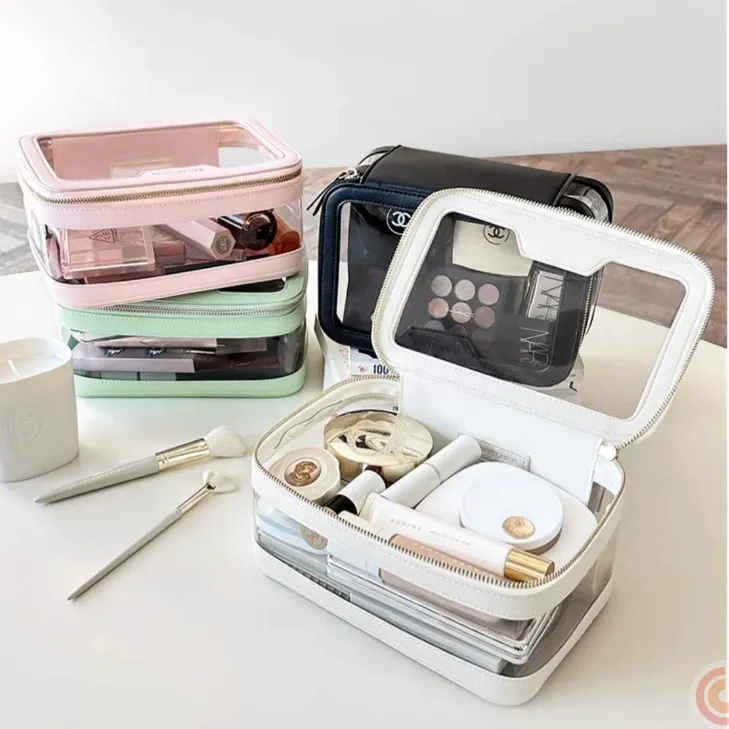 Transparent TPU pouch filled with beauty products and skincare items