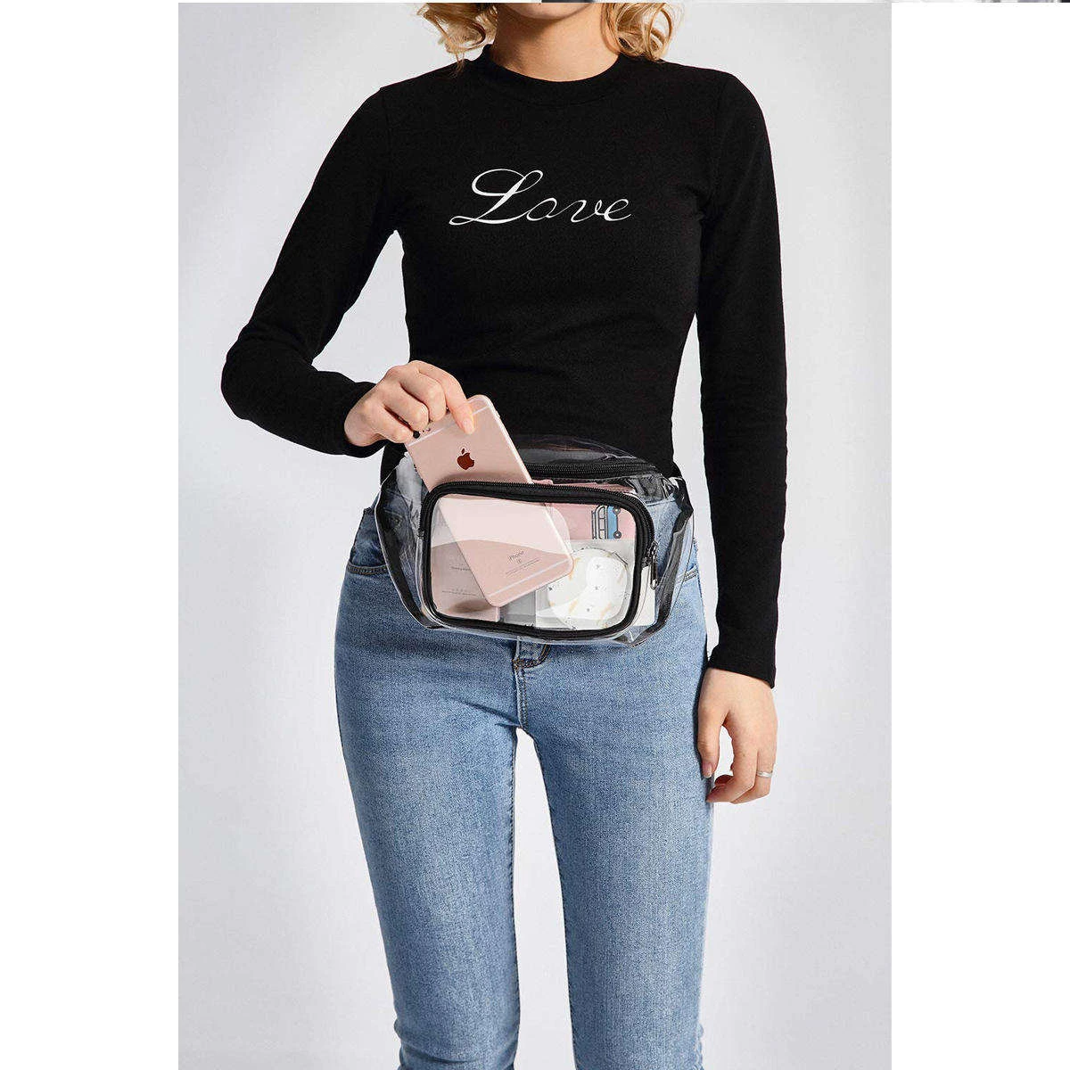 Large capacity clear waist bag for event essentials.
