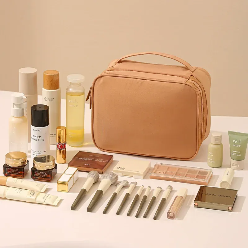 Double-layer makeup organizer showing compartment layout