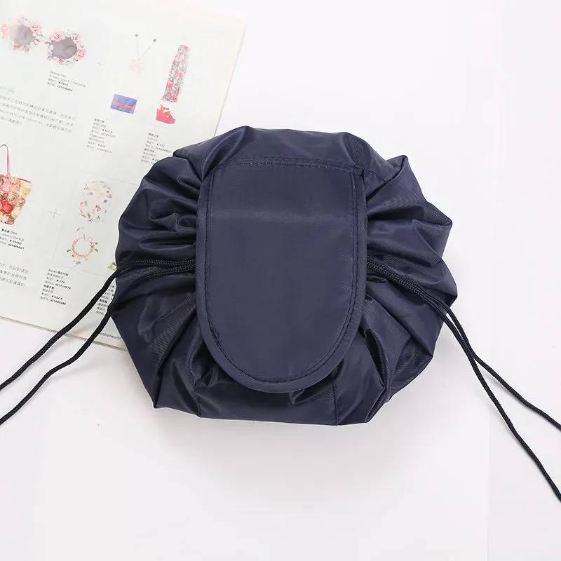 Round drawstring cosmetic bag styled as a casual carry pouch