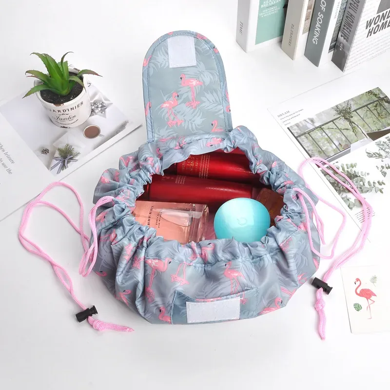 Drawstring cosmetic pouch with cord ties, stripe pattern