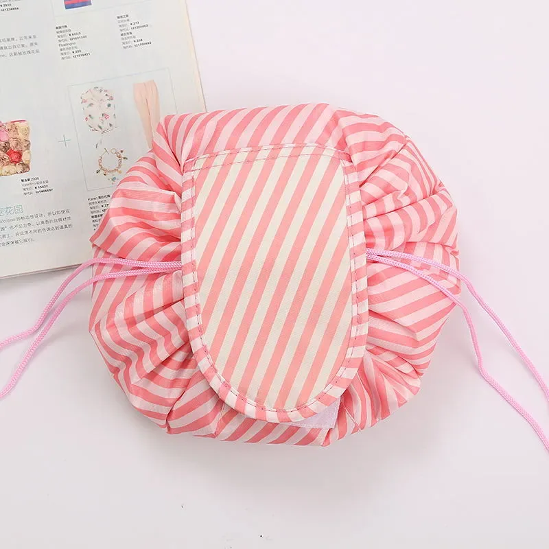 Pink-white striped drawstring cosmetic bag with embroidery patch, gathered top