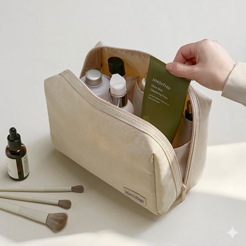 Travel cosmetic case made from recycled plastic bottles