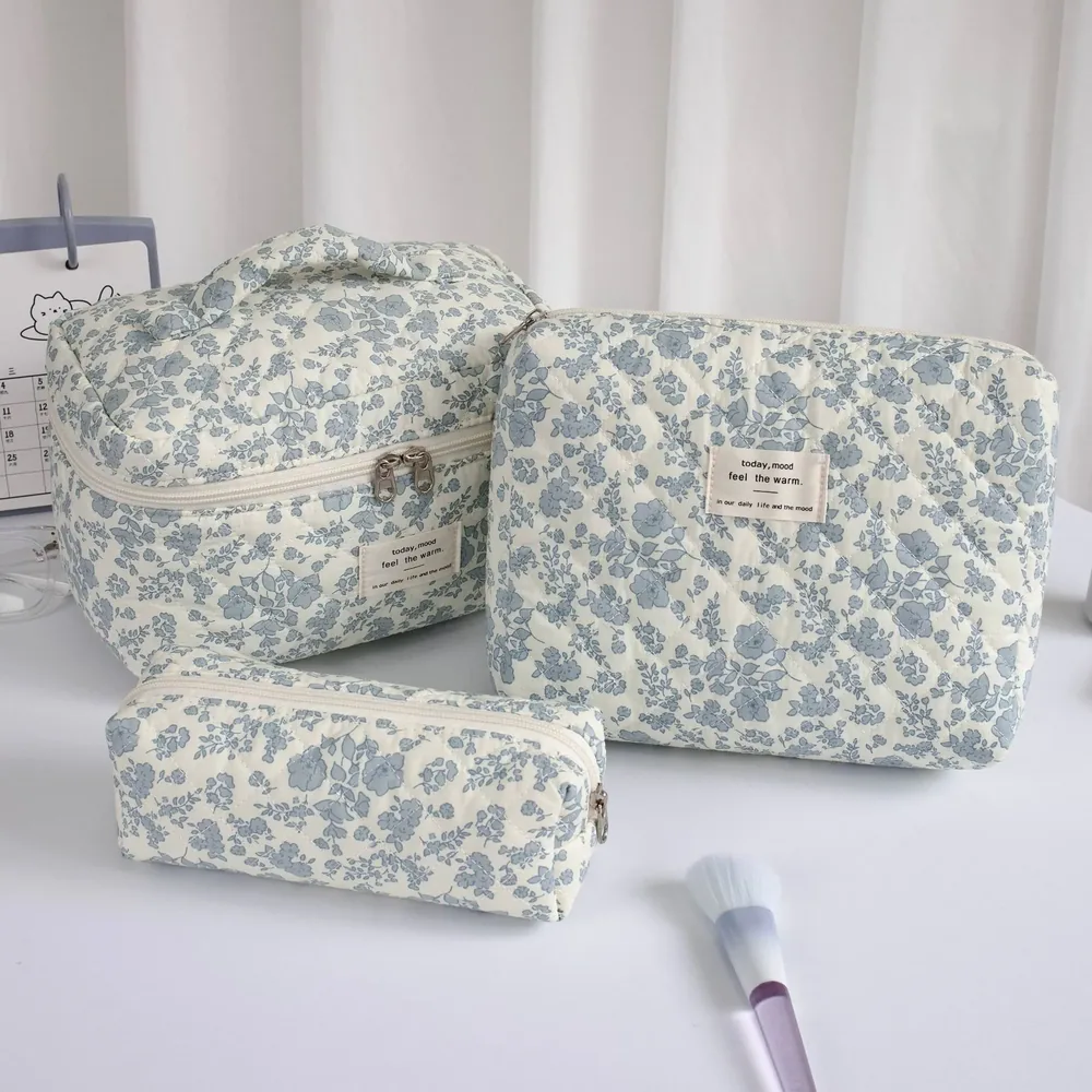 Floral patchwork cosmetic bag in blue-white palette