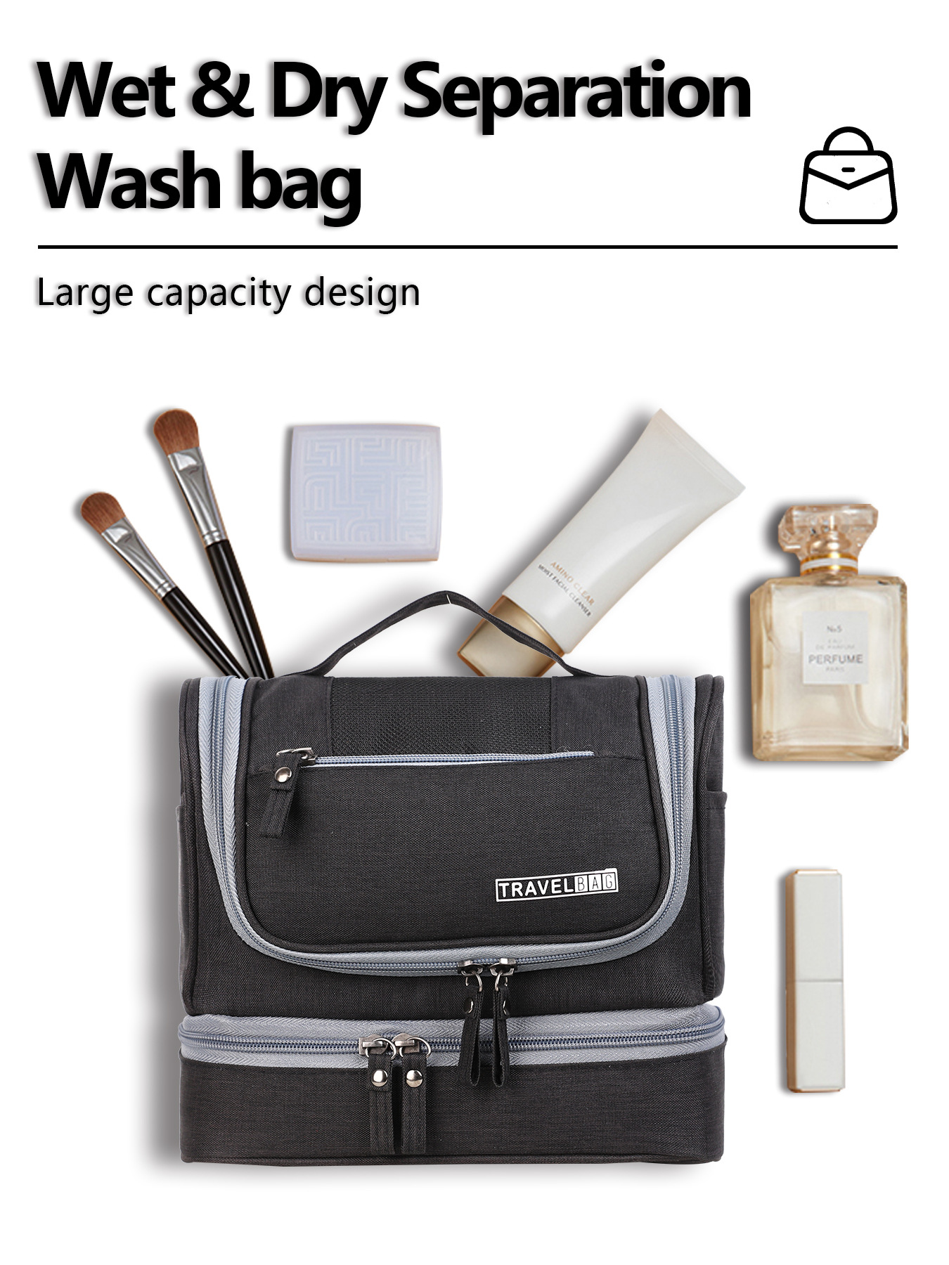 Black toiletry bag featuring leakproof bottom compartment for damp items