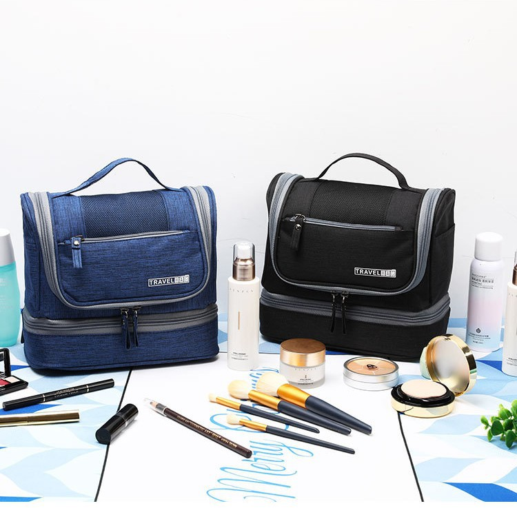 Collection of premium hanging toiletry kits in gray and blue for travel retail