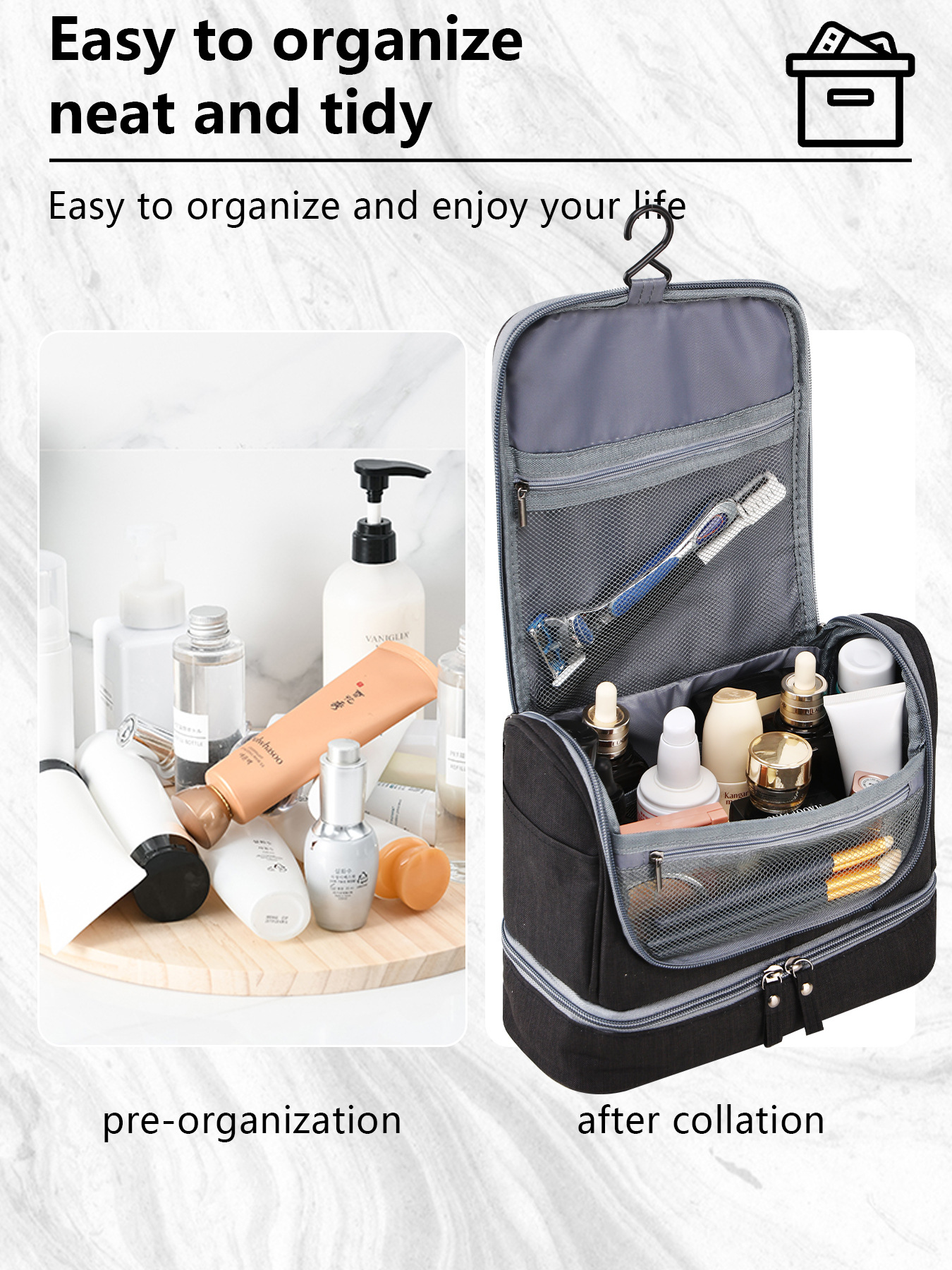 Flat lay demonstrating wet-dry separation compartments with waterproof lining