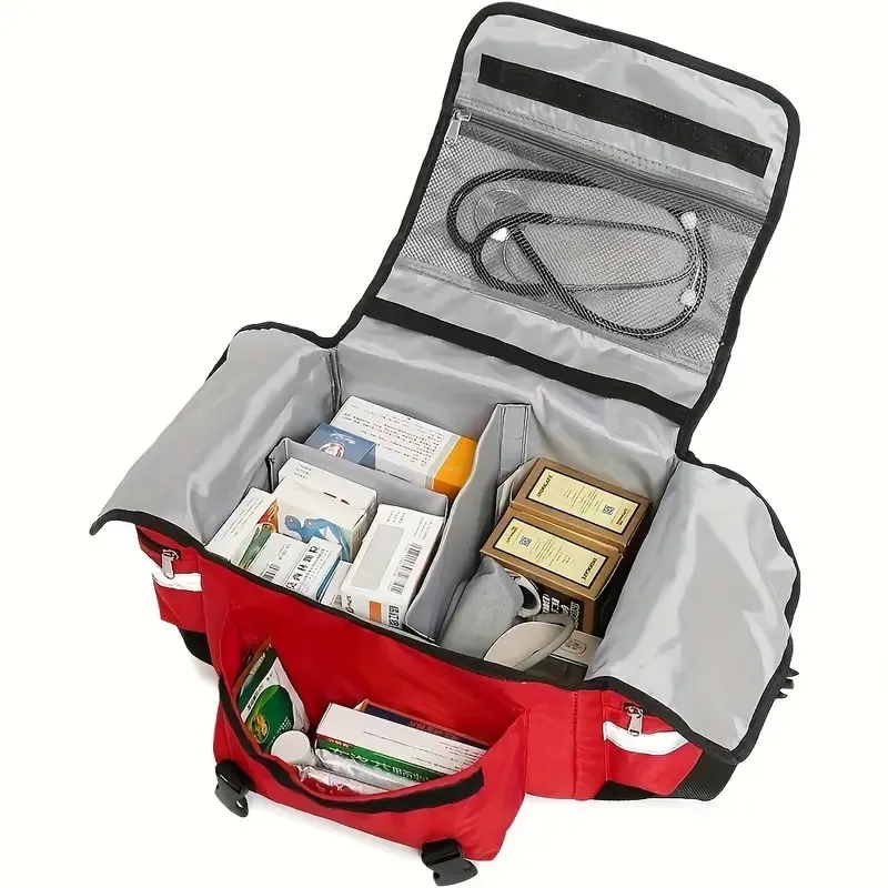 Open insulated emergency bag with divided first aid supply storage