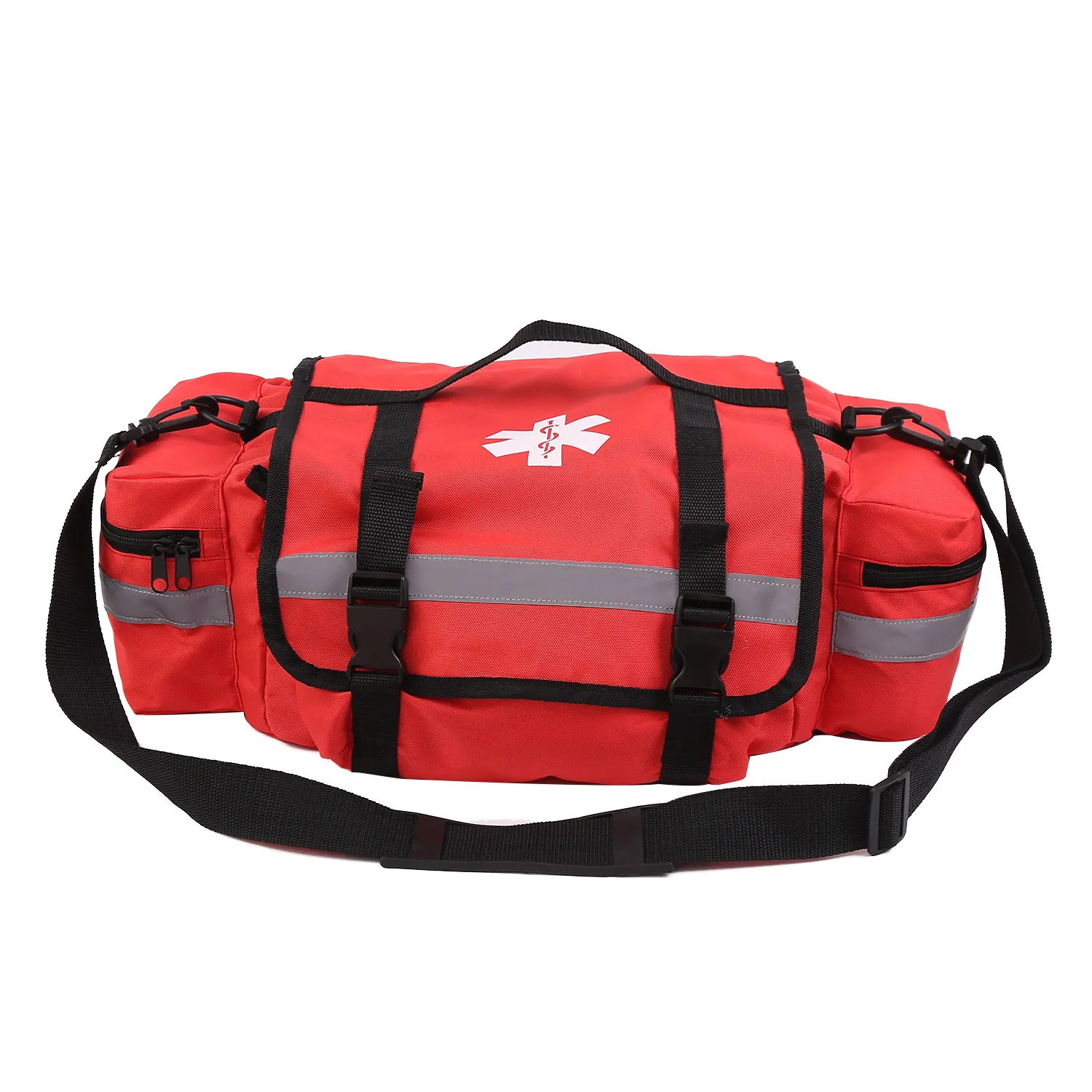 Red custom insulated first aid emergency bag with reflective trim and shoulder strap