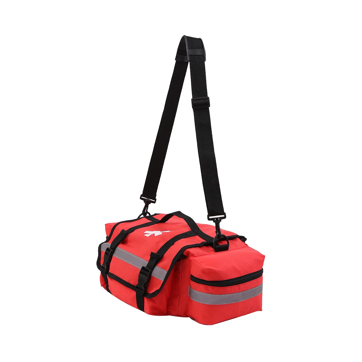 Red rescue carrier with reflective trim viewed from the side
