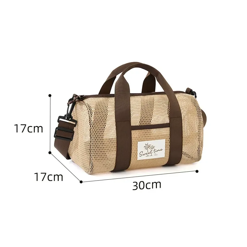 Mesh beach tote showing cylindrical shape and webbing trim