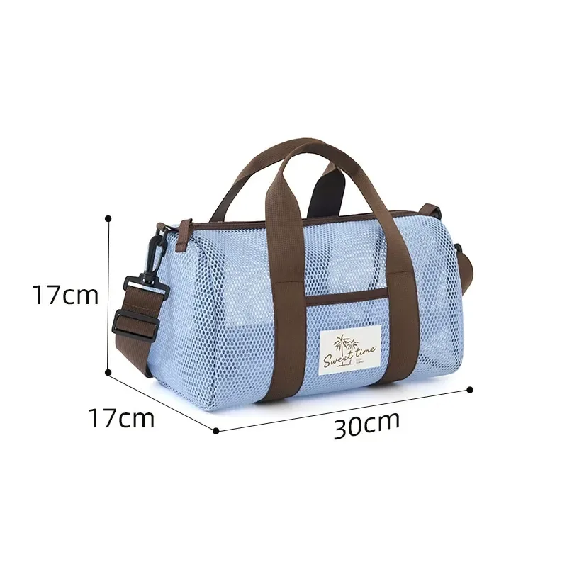 Mesh beach duffel styled for swim and travel use
