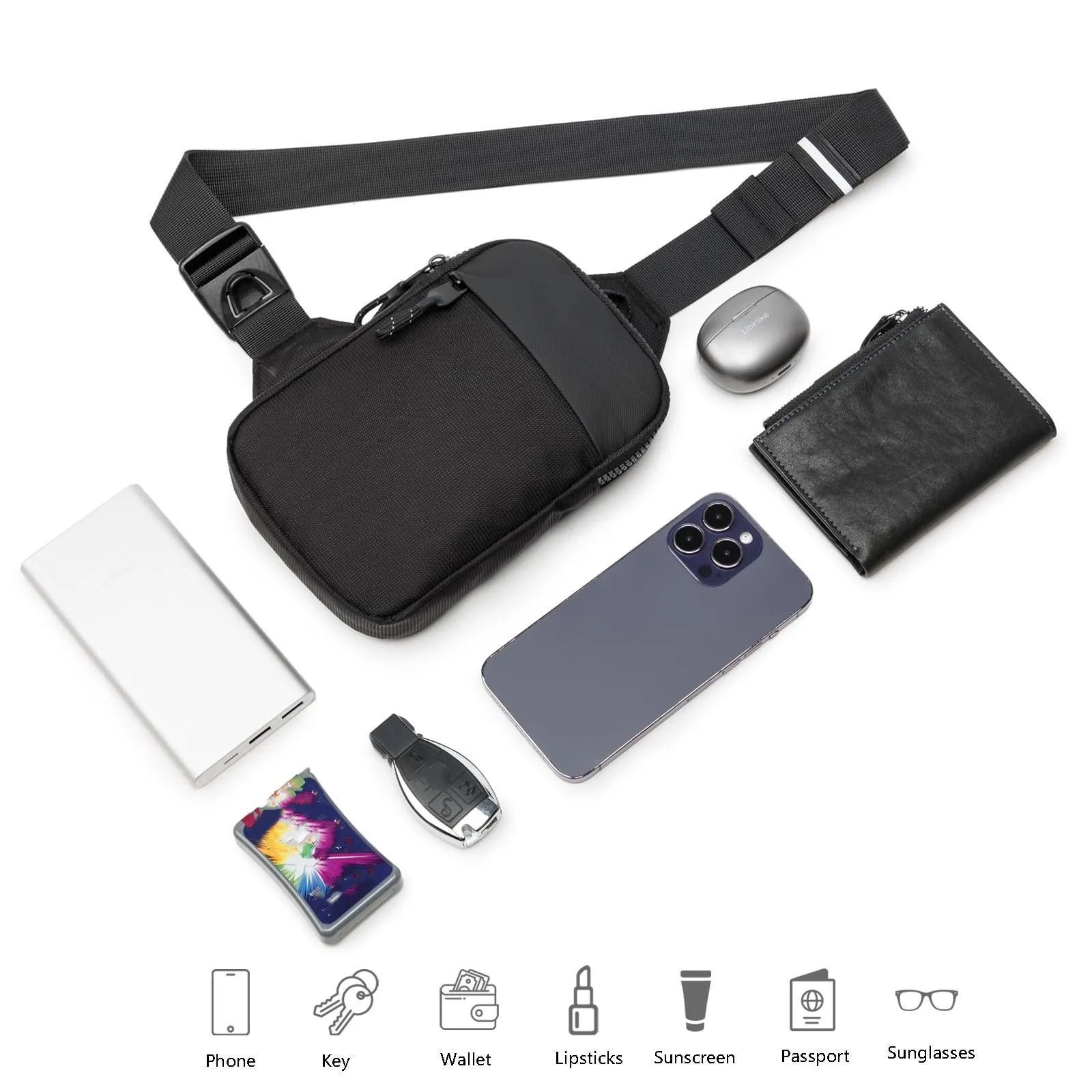 Mini sling chest bag with contents visible, nylon material detail