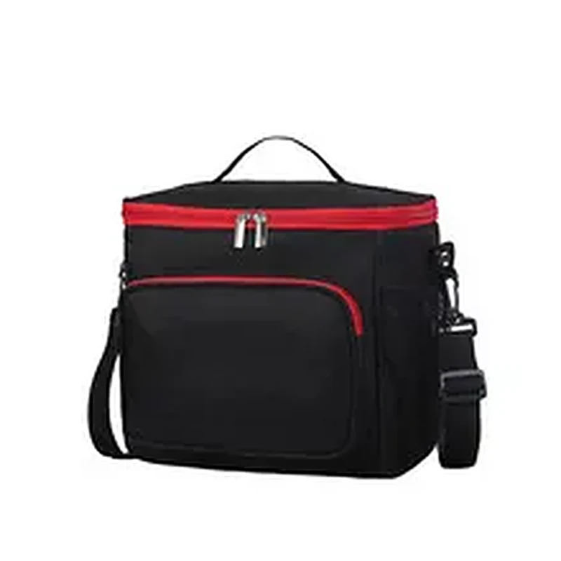 Black insulated picnic cooler bag with red trim and metal zipper