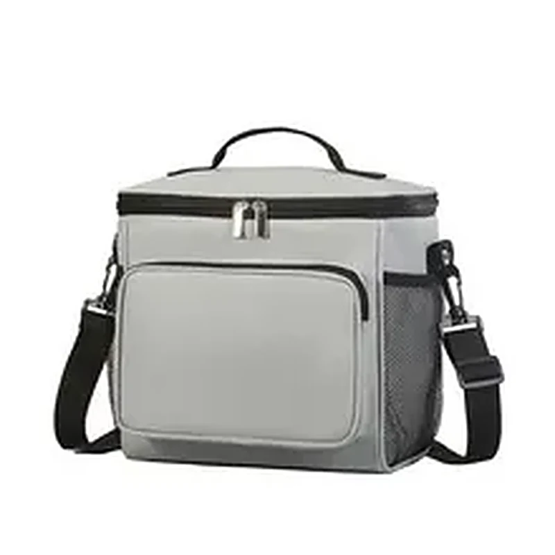 Grey insulated picnic cooler bag with mesh side pocket and shoulder strap