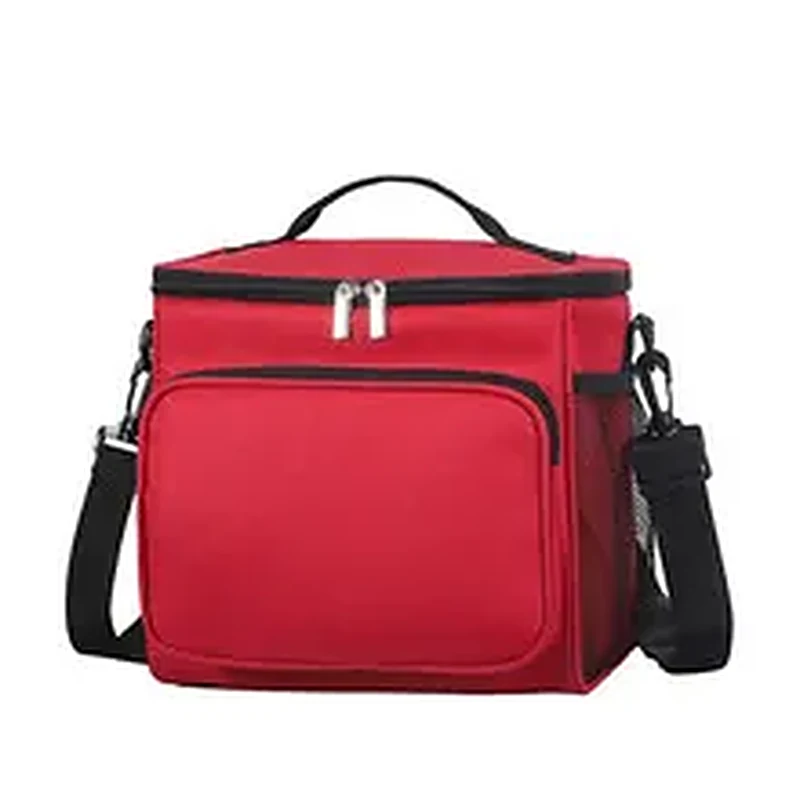 Red insulated picnic cooler bag with front zipper pocket and adjustable shoulder strap