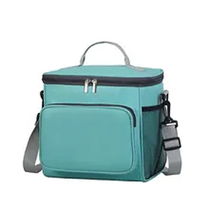 Teal insulated picnic cooler bag with zippered front pocket and webbing handle