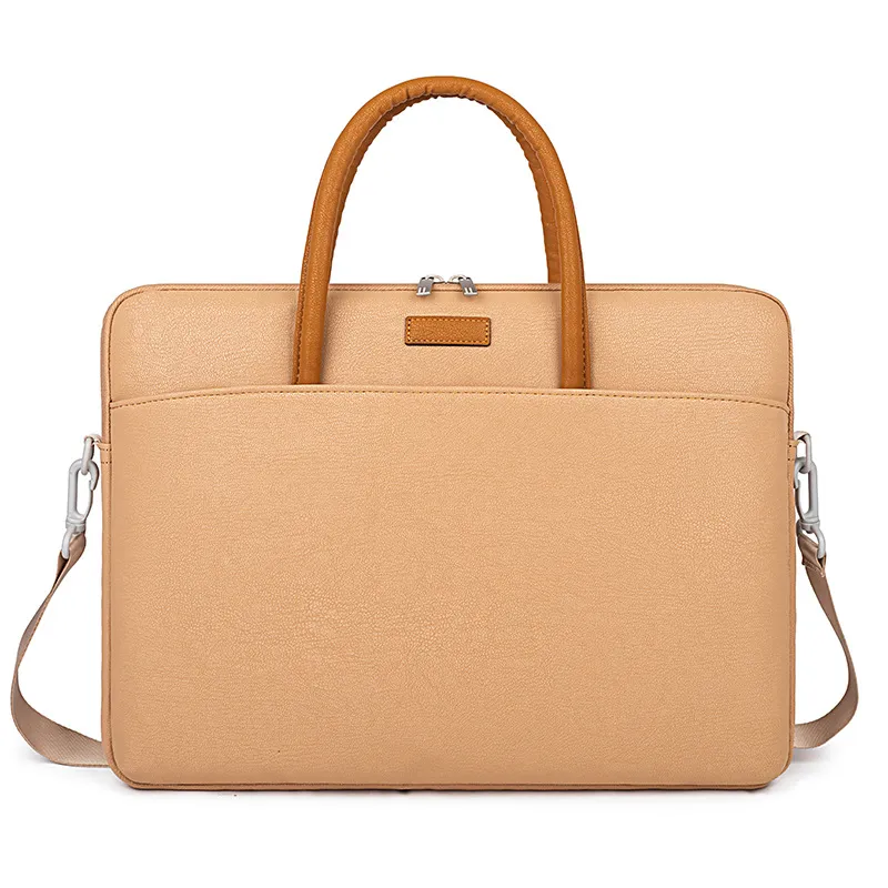 Light khaki PU business briefcase showing stitched detail and logo plaque