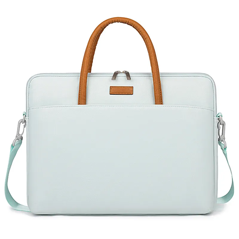 PU briefcase showing stitched panel and metal hardware detail