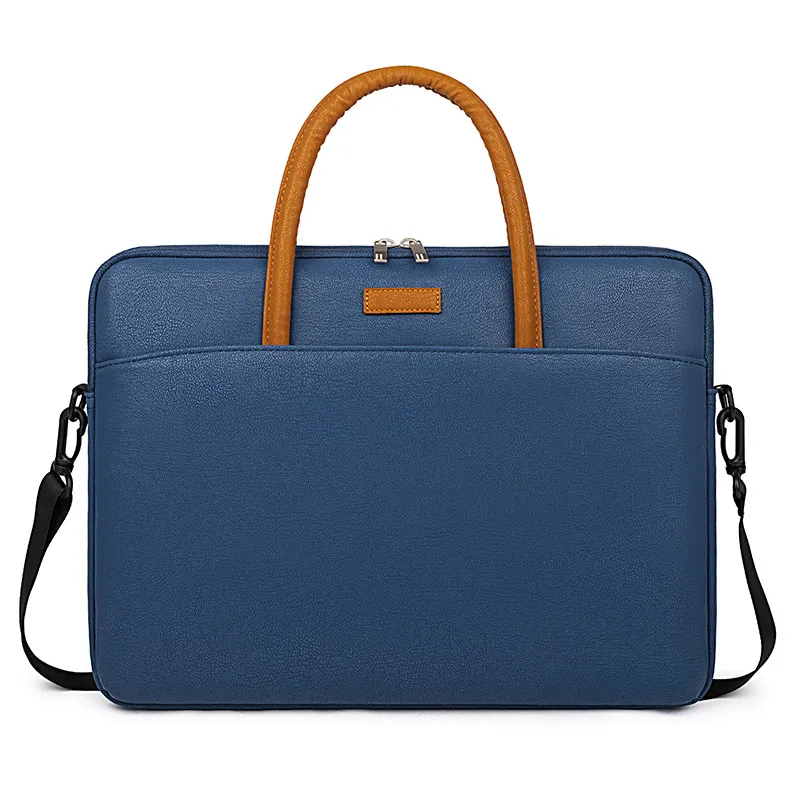 Navy blue PU business laptop briefcase with shoulder strap