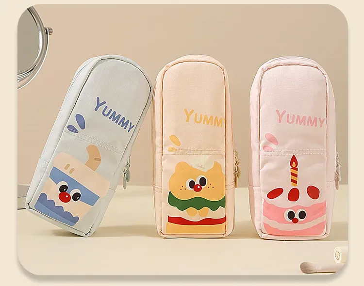 Stand-up cosmetic brush storage bag on a vanity