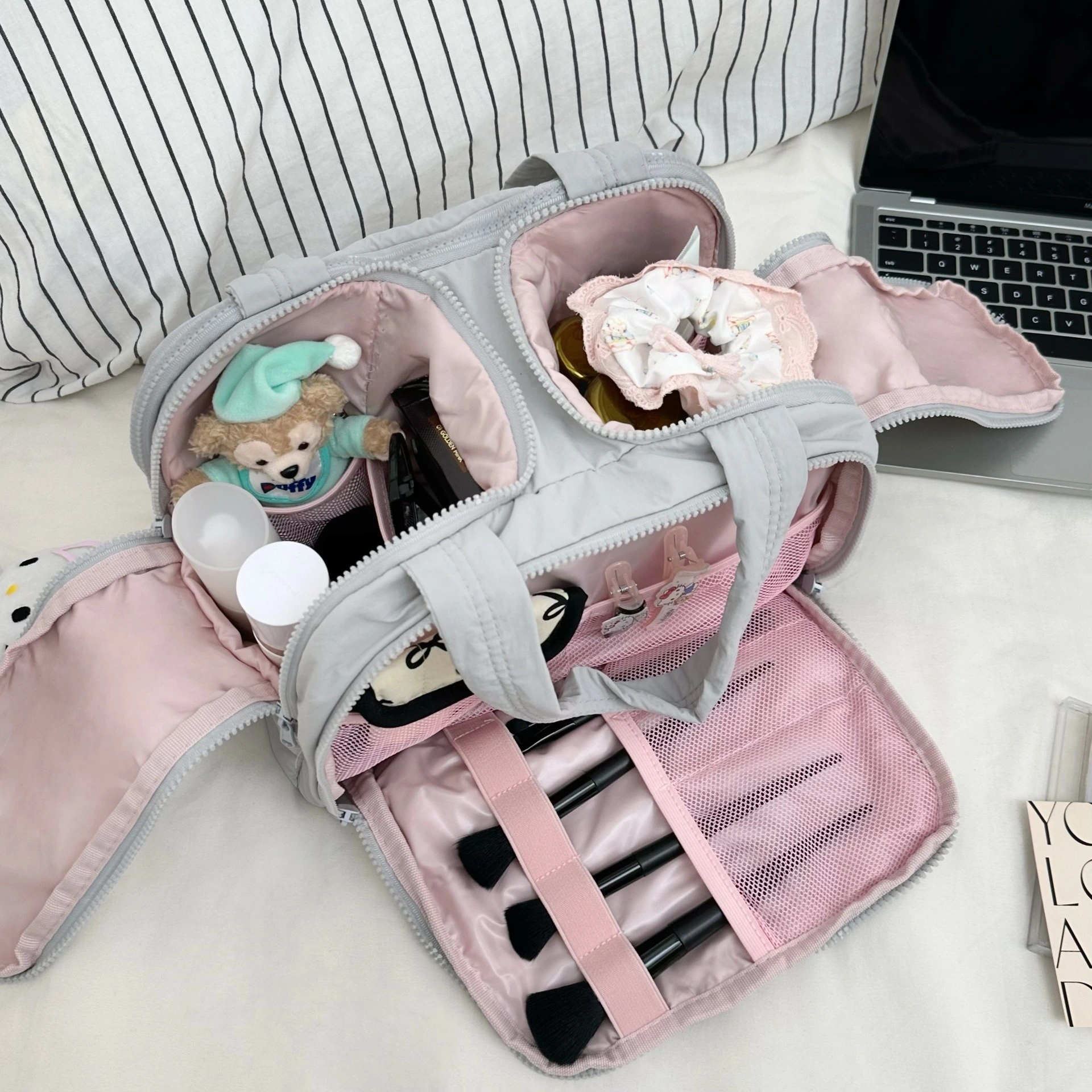 Interior organization showing makeup and cosmetic storage compartments