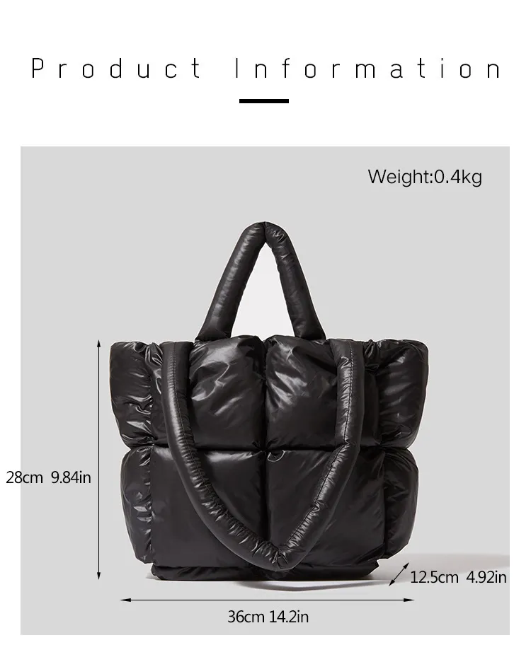 Black quilted puffer tote bag product shot