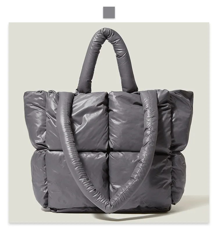 Caramel and red quilted puffer tote color options