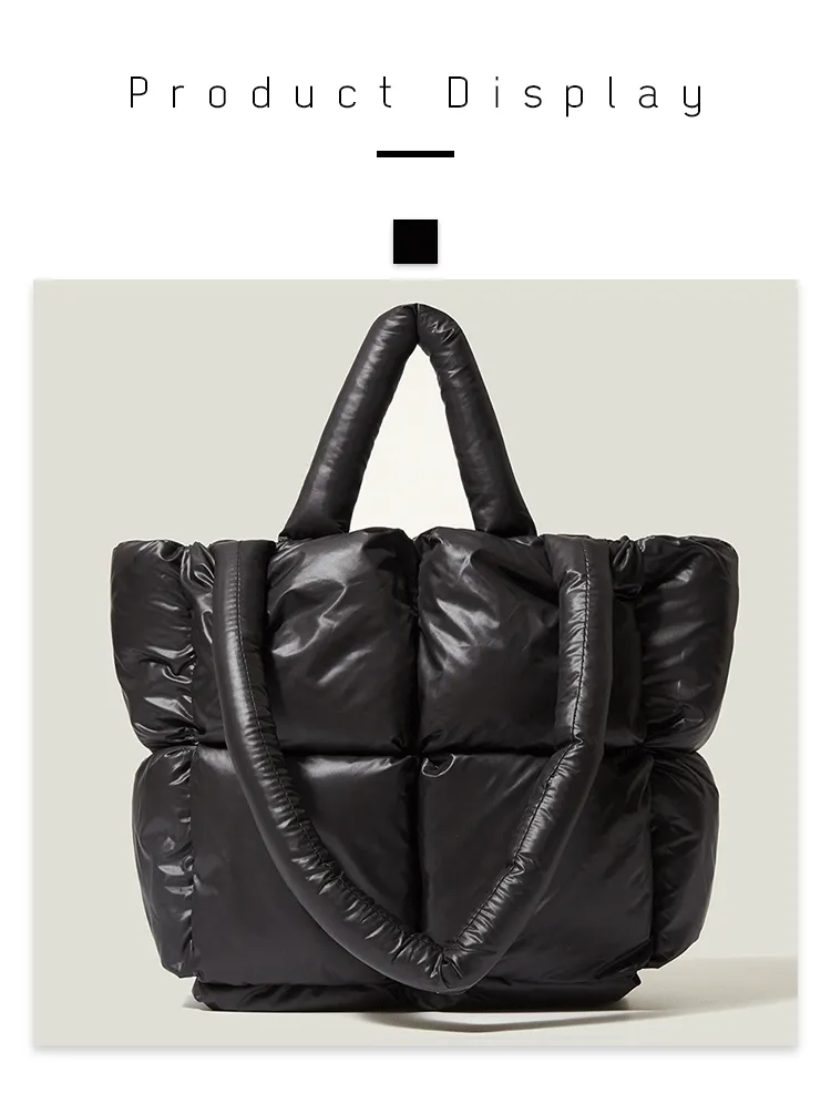 Grey quilted puffer tote bag with matching padded handle