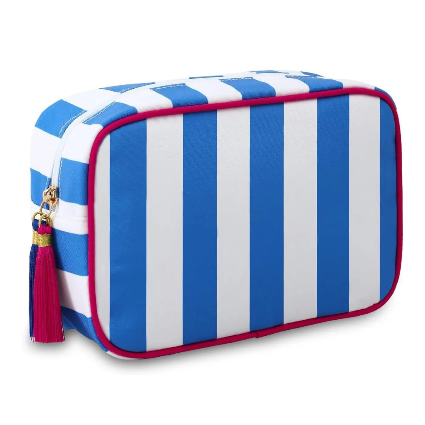 Custom striped tassel cosmetic bag with luxury gold zipper - transparent makeup pouch front view