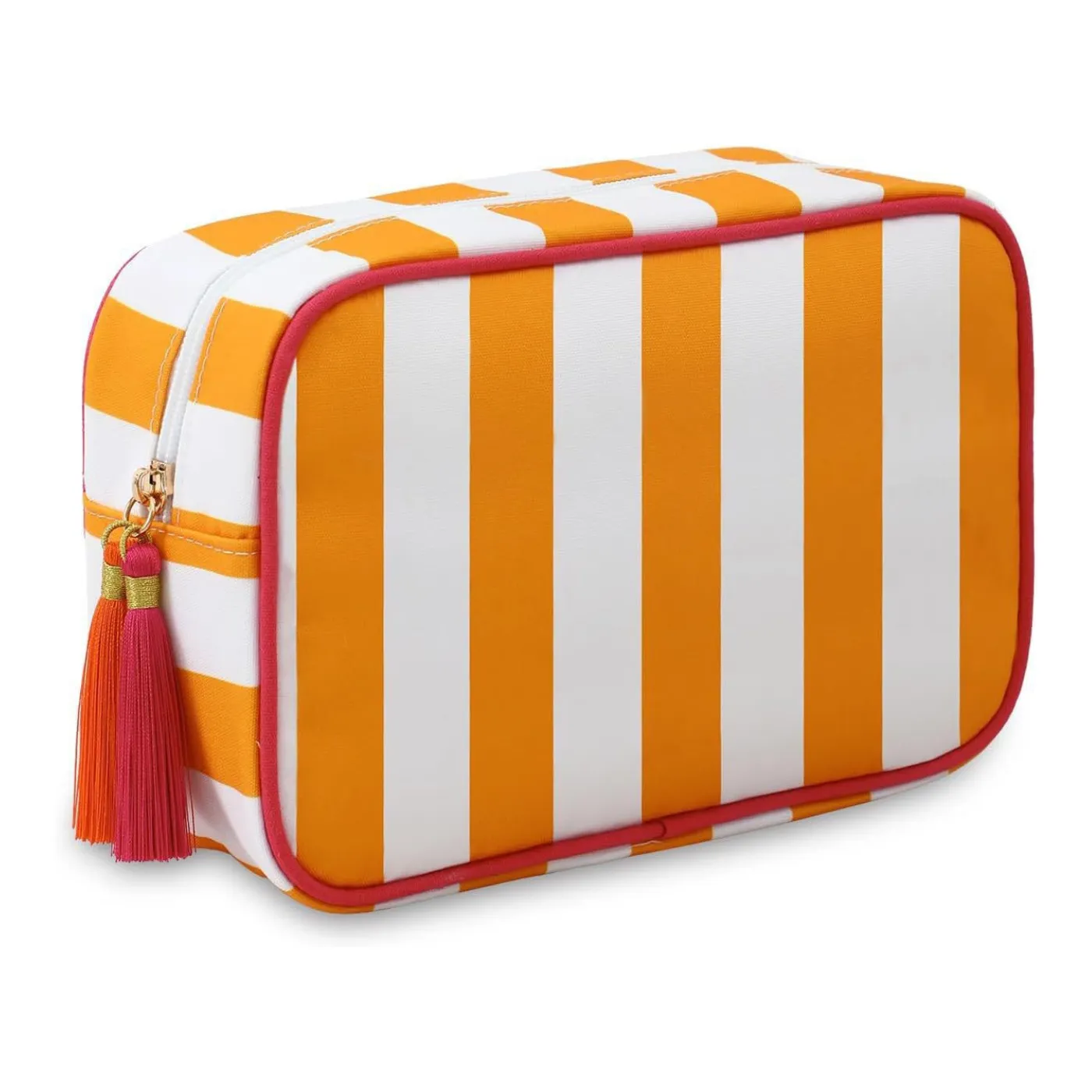 Striped canvas cosmetic bag size comparison with measurements