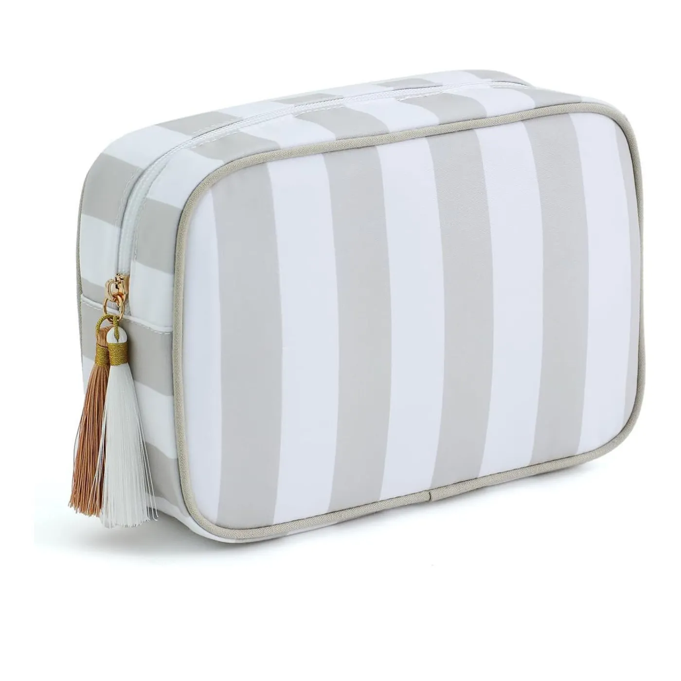 Close-up of hand-tied tassel detail on striped canvas cosmetic bag