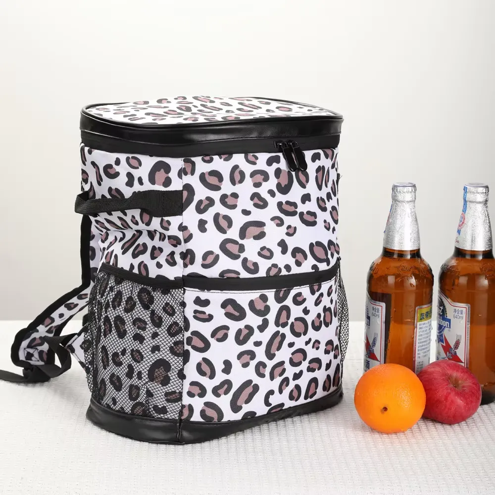 Bespoke leopard cooler backpack side view showing mesh pockets for water bottles.
