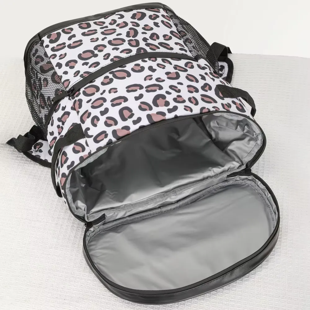 Large capacity thermal cooler backpack featuring leak-proof PEVA lining.