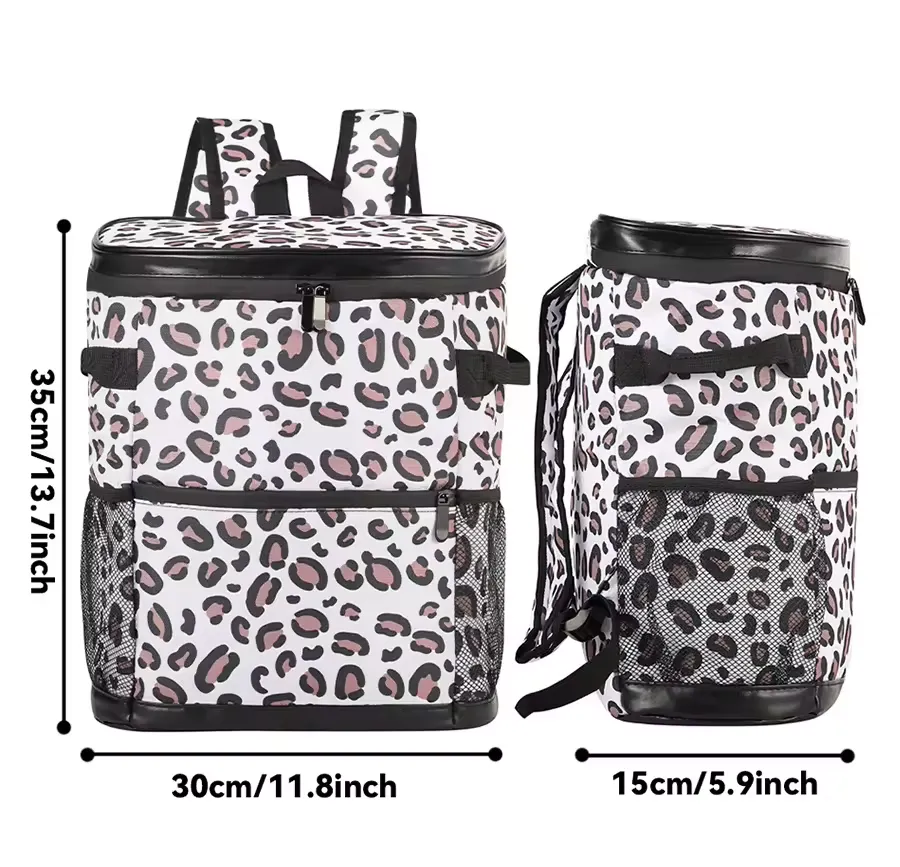 Leopard print insulated thermal backpack with Oxford shell for outdoor picnics
