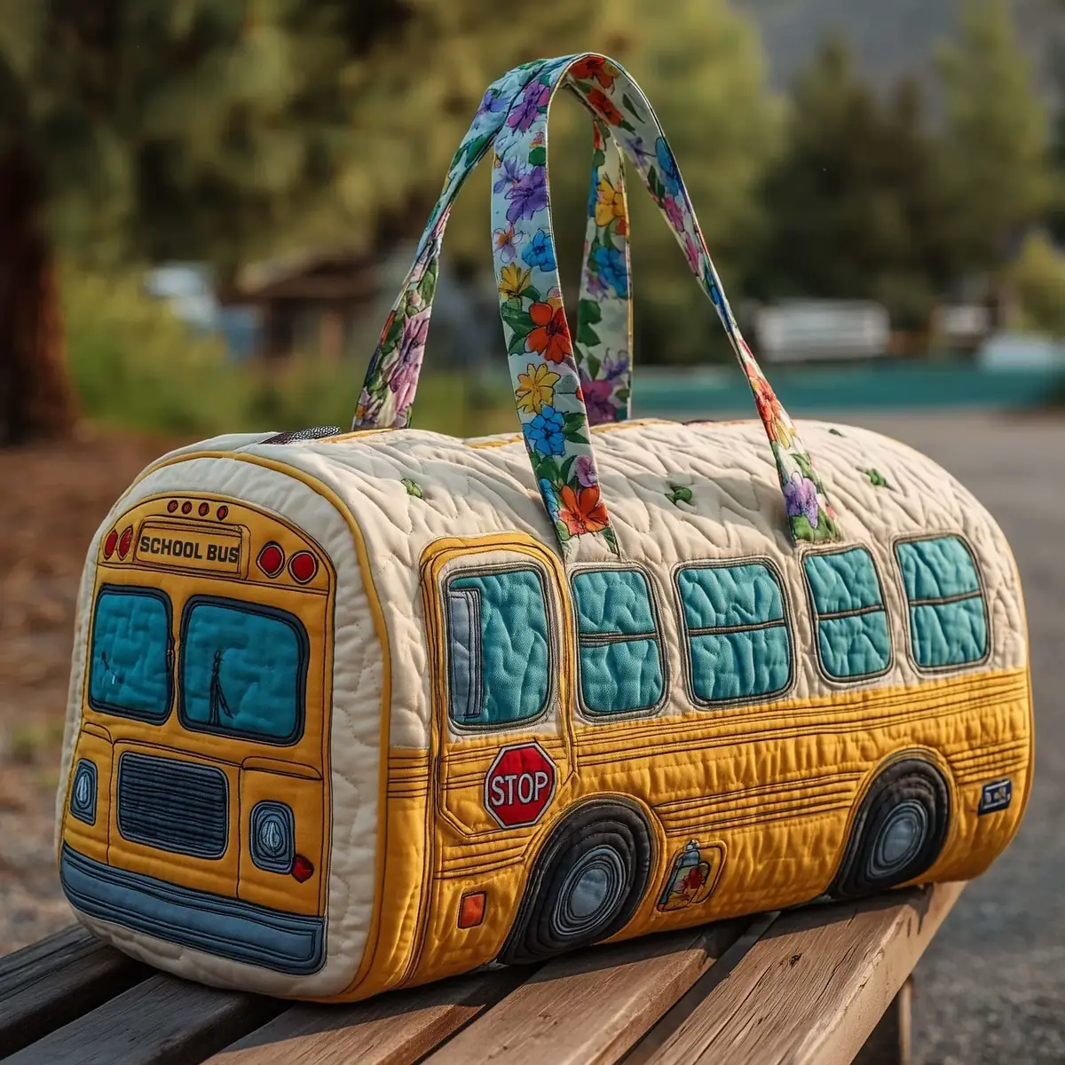 Christmas bus patchwork travel bag with festive colors