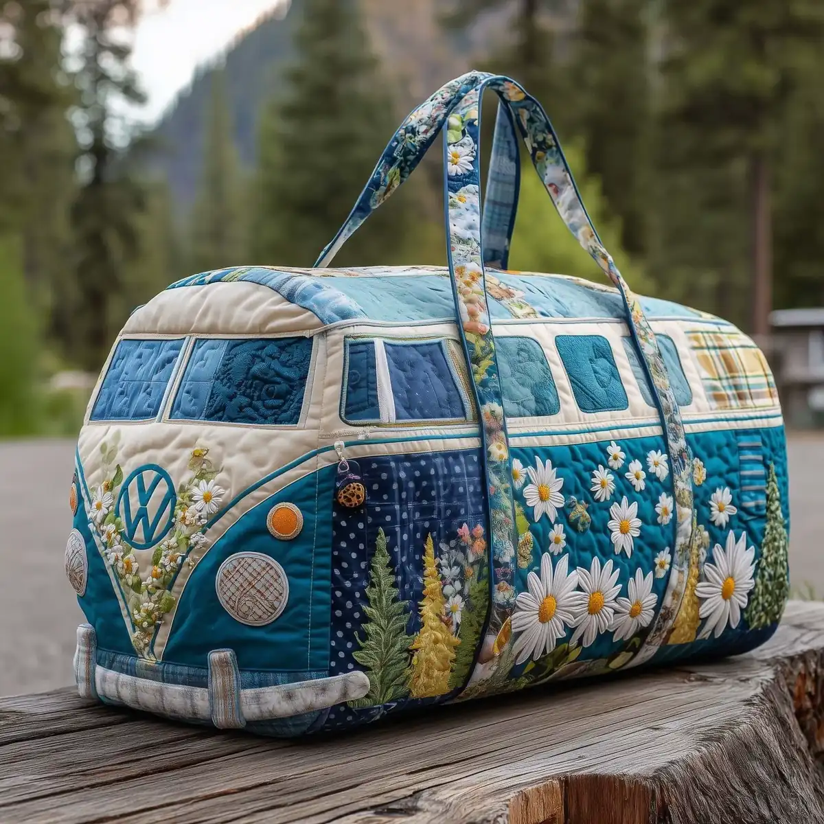 Classic VW-style bus patchwork travel bag with embroidered details