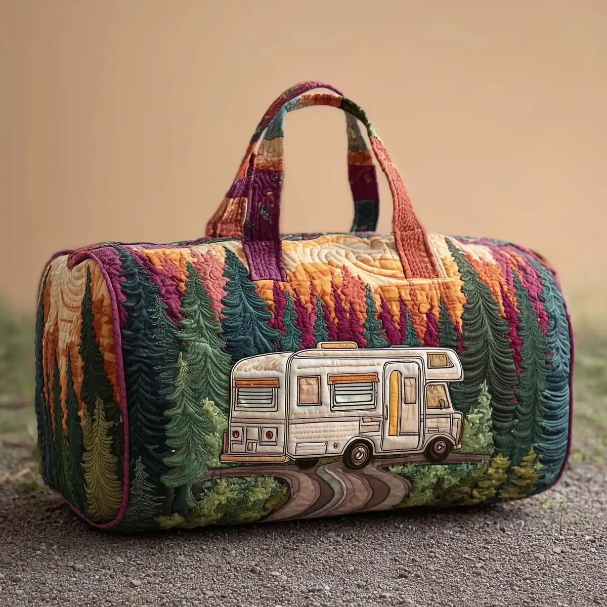 School bus themed patchwork travel bag in outdoor setting