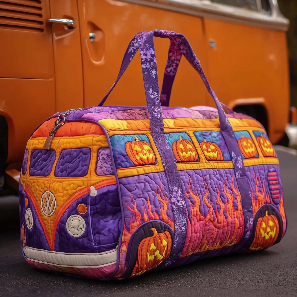 Halloween flame bus patchwork bag showing polyester craft