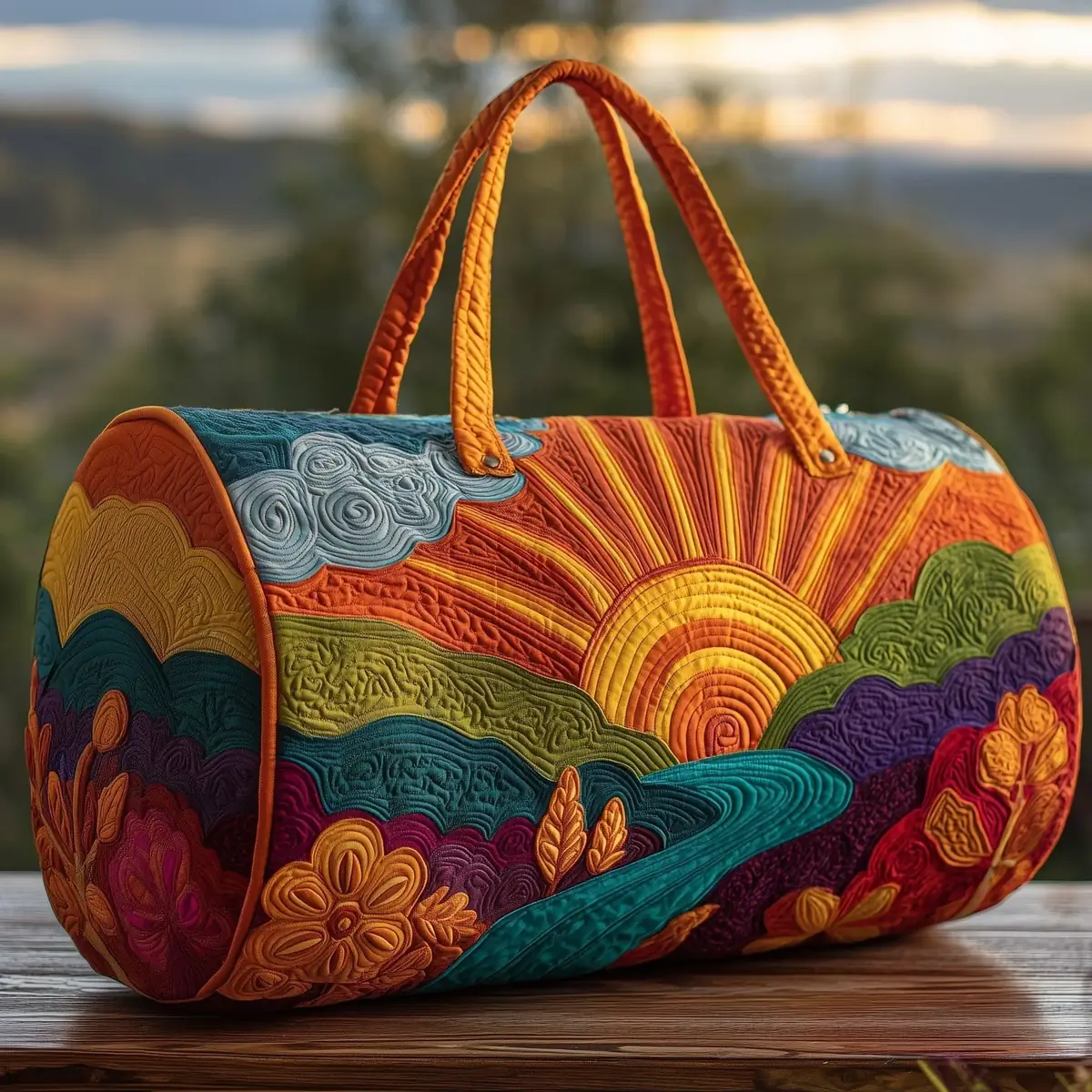 Sunrise scene patchwork travel bag among nature