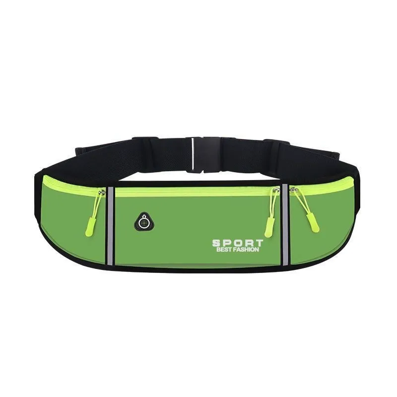 Dark green running waist bag showing bottle compartment and phone pocket