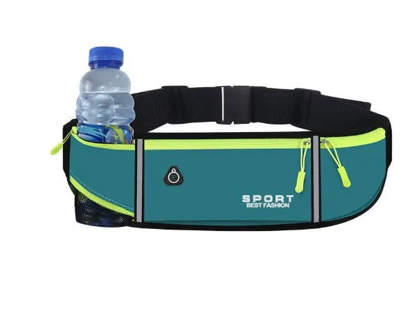 Person wearing running waist bag with bottle during outdoor run