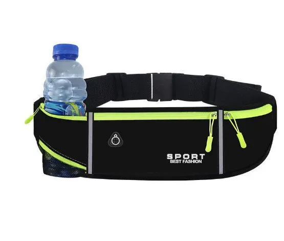 Black running waist bag with bottle holder product shot