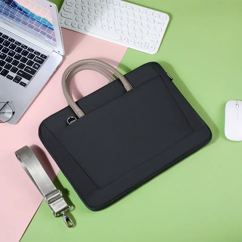 Side and back view of waterproof laptop briefcase showing compartments and pockets