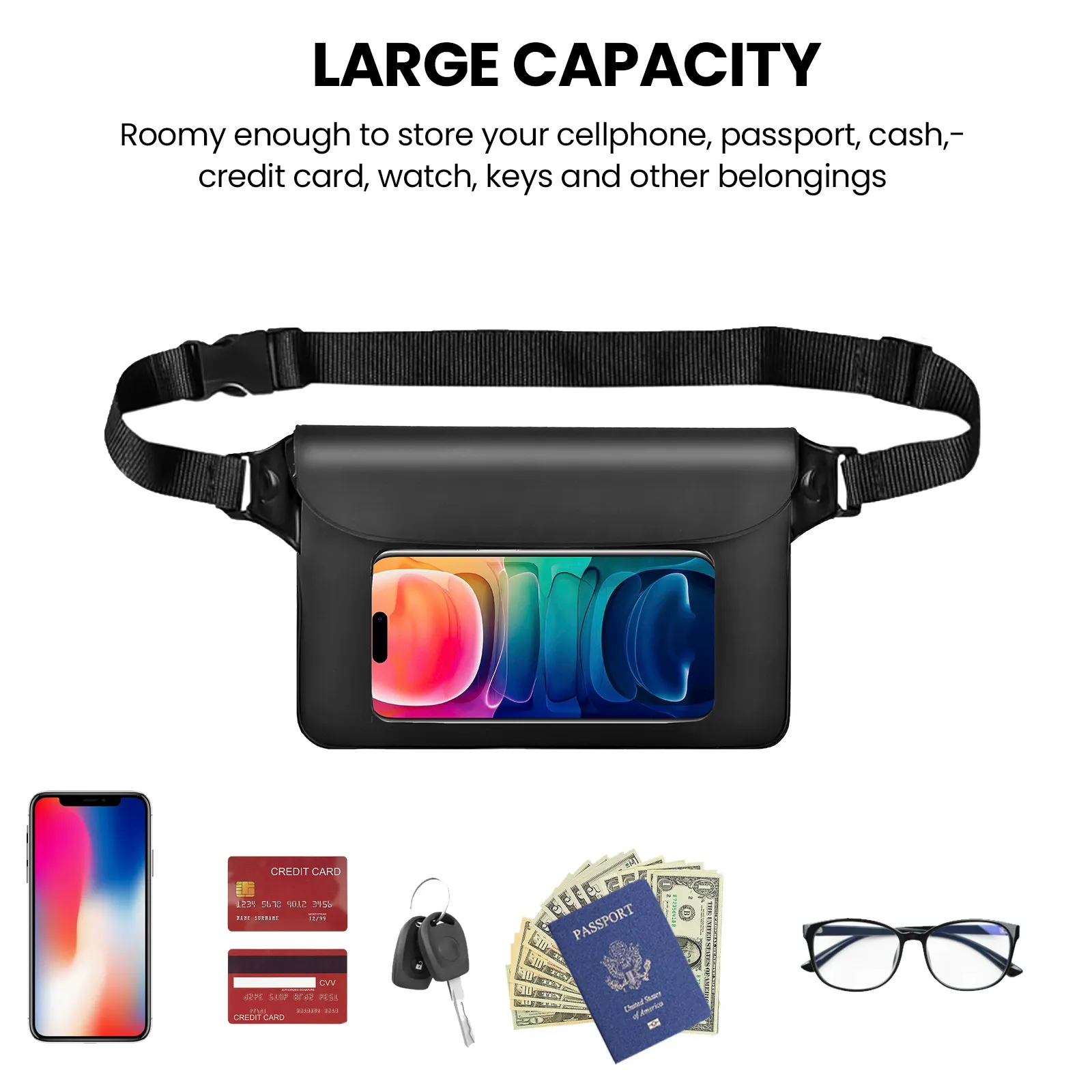 Waterproof waist bag showing capacity and phone placement