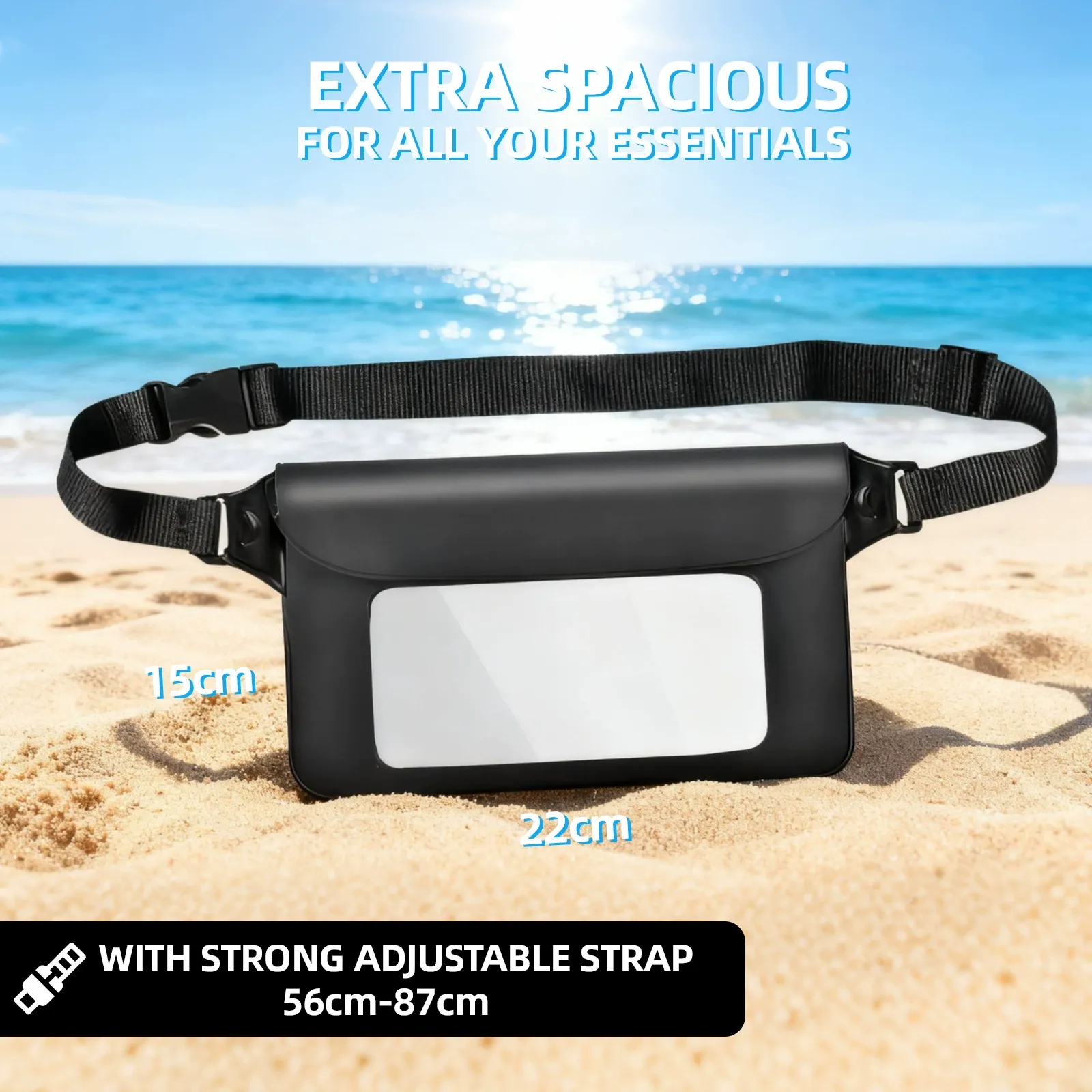 Using touch screen phone through waterproof window of waist bag