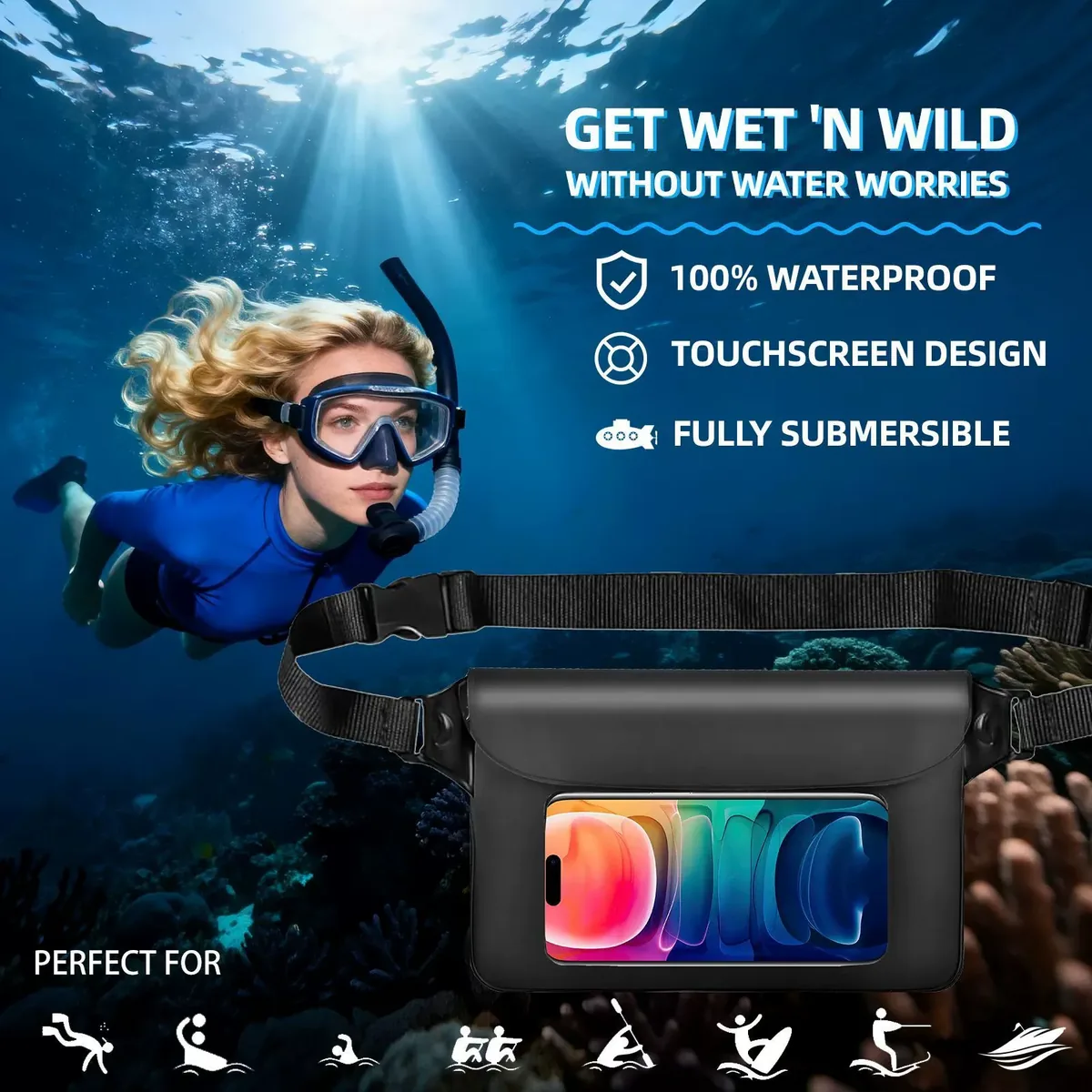Waterproof waist bag product shot with phone inside