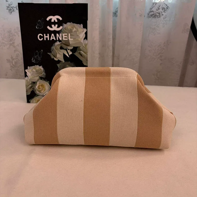 Woven stripe tote pouch showing drawcord top and texture
